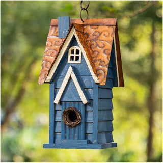 12" H Retro Blue Distressed Solid Wood Cottage Birdhouse Hanging Bird House for Outdoors, birdhouse, awa nest, awanest, cahe for my birds, all things feathered, hummingbird cage, hummingbird nest, tools for my humming bird, yello bird nest, tools for my yellowbird, humming bird facts, bird feed