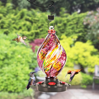 Ice Cream Shaped Spiral Hummingbird Feeder for Outdoors Hanging, Hand Blown Glass, 28 Fl.Oz, Leak Proof & Rustproof, Includes an Ant Moat with Hook, Unique & Stylish Glass Art & Decor (Purple)
