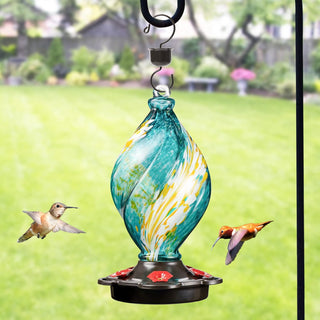 Ice Cream Shaped Spiral Hummingbird Feeder for Outdoors Hanging, Hand Blown Glass, 28 Fl.Oz, Leak Proof & Rustproof, Includes an Ant Moat with Hook, Unique & Stylish Glass Art & Decor (Teal)