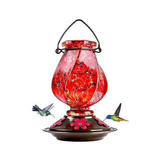 Hummingbird Feeder, 18058R Hand Blown Glass Hummingbird Feeders for Outdoors Hanging, 22 Ounce, 5 Feeding Ports with Perch, Red