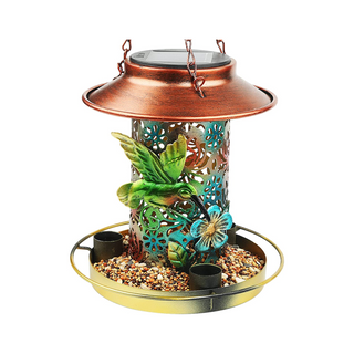 Vintage lantern-style solar-powered bird feeder, made of durable metal with an anti-rust coating. Features include easy refill with 3 water cups, 3 big feeding holes, and 3 drain holes, and includes 3 sturdy chains for hanging. Perfect for attracting birds and illuminating your outdoor space. Shop Awa Nest for this unique bird feeder today!