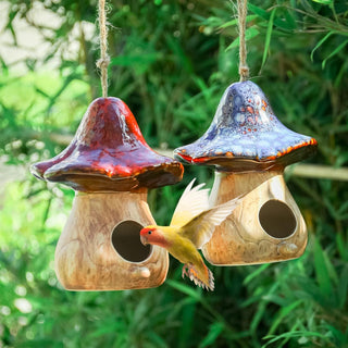Birdhouses - Hanging Bird House, Set of 2 Bird Houses for Outside, Decorative Mushroom Bird House Blue and Red Ceramic Birdhouses for Wild Birds, Finch, Cardinal, and Bluebird,  bird house, bird houses, awa nest, awanest, cage for my birds, all things feathered, hummingbird cage, hummingbird nest, tools for my humming bird, yellow bird nest, tools for my yellowbird, humming bird facts, bird feed